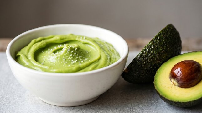 Creamy avocado puree in white bowl with fresh halved avocado