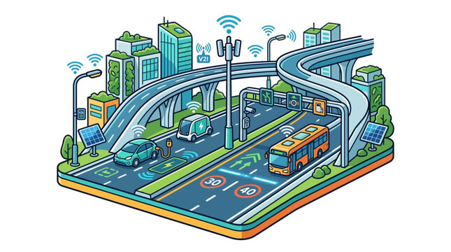Smart City Connected Transport Infrastructure Vector Illustration