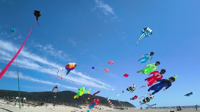 Vibrant, colorful kites of various whimsical shapes soar high in the bright blue sky above a beach on a sunny day, evoking joy and wonder. A beautiful summer festival scene with nobody.