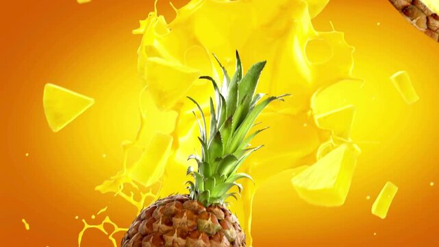 A vibrant fresh pineapple placed on a bright orange background, creating a tropical and energetic summer composition. The juicy golden fruit stands out with its textured skin and green crown 