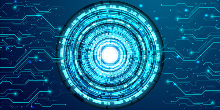 Abstract technology background with glowing circular HUD elements and digital circuit board patterns.