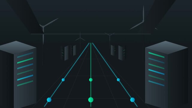 Digital server racks with wind turbines in a futuristic data center