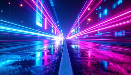 Fototapeta premium Abstract Neon Light Trails on Wet Urban Road in Cyberpunk Future Style