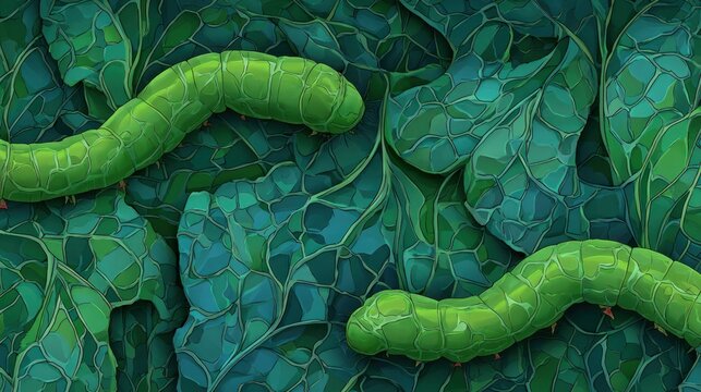Bright green larvae crawl across a dense pattern of dark green foliage