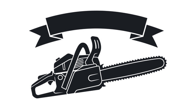 chainsaw with ribbon banner silhouette saw tool black white graphic icon logo