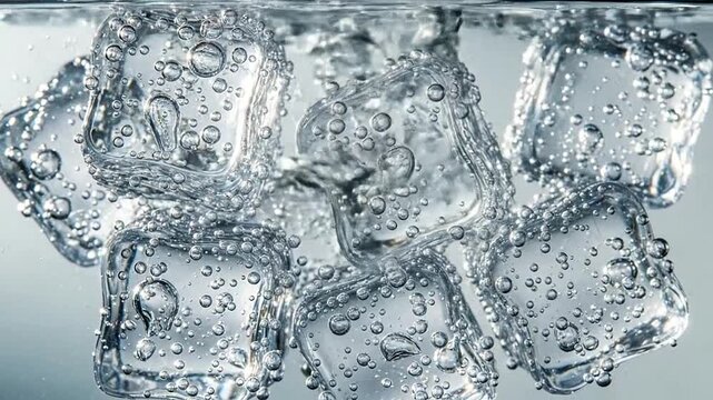 Close-up of clear ice cubes submerged in fizzy carbonated water