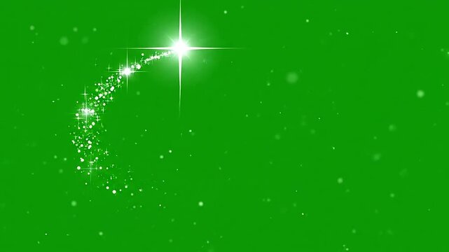A bright shooting star with a sparkling trail on a green screen background