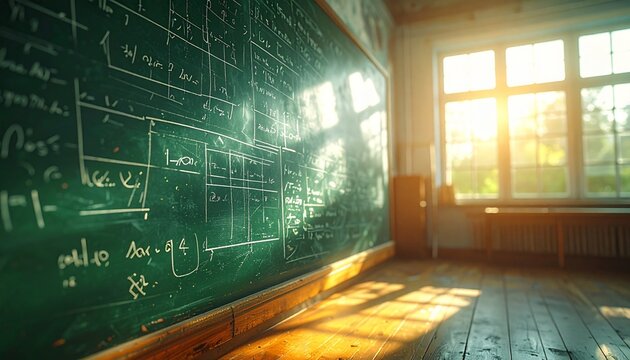 Sunlit classroom with green chalkboard full of science formulas and wooden floor