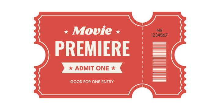 Retro movie premiere ticket with admit one, serial number and vintage theater styling. 1950s Americana style template for film premieres and entertainment events. Vector illustration