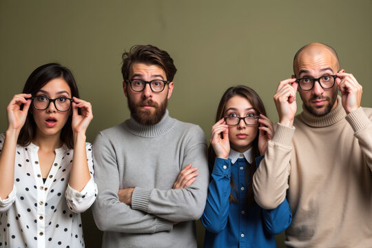 Four individuals wearing glasses, looking surprised, adjusting their eyewear, in a group photo.