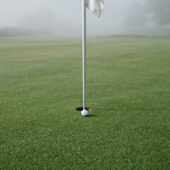 Obraz premium Golf ball rests inside a hole on a green putting surface marked by a flag under thick morning fog conditions.