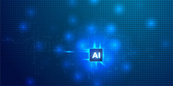 Artificial intelligence logo on glowing blue circuit board background with binary data and network lines.