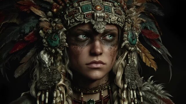 Maya Aztec civilization, Mexico culture. Mysterious, fantasy. A detailed digital artwork depicts a female figure wearing a headdress adorned with intricate, ornate designs and feathers.