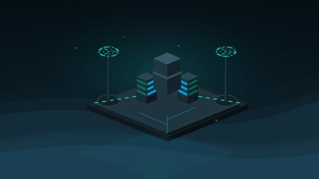 Futuristic Data Center Server Nodes with Glowing Digital HUD Interface