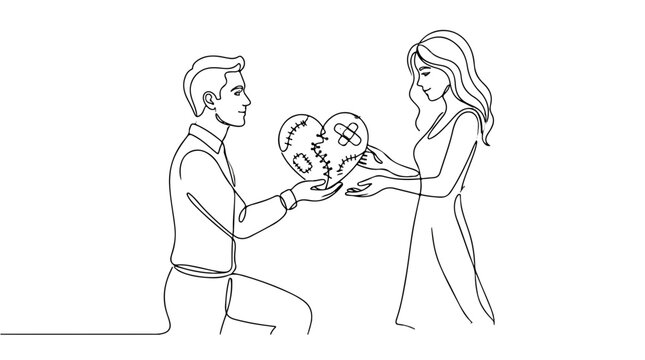 Continuous line drawing, romantic couple, man proposing with heart, love, Valentine's Day