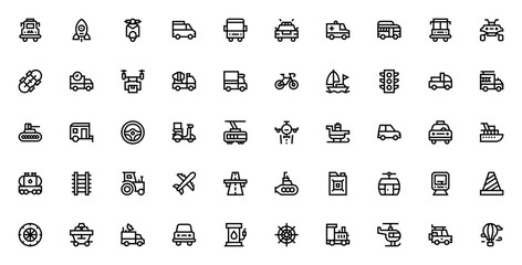 Transportation icon set. Minimal line vector icons pack. Featuring bus, rocket, scooter, police car, ambulance, school bus, delivery truck, fire truck, train, airplane, car, taxi, boat, helicopter, ho © wang