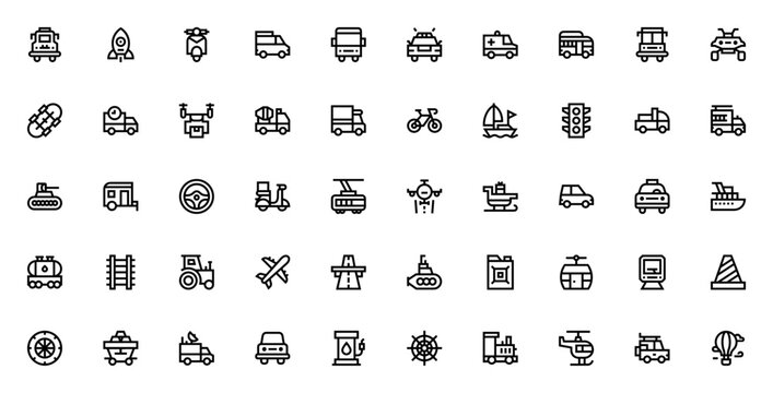 Transportation icon set. Minimal line vector icons pack. Featuring bus, rocket, scooter, police car, ambulance, school bus, delivery truck, fire truck, train, airplane, car, taxi, boat, helicopter, ho