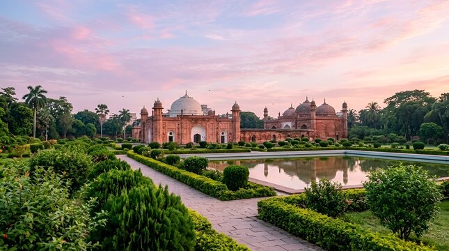 Lalbagh fort, an incomplete 17thcentury mughal fort complex in dhaka, bangladesh, at sunset with a reflection in the pond