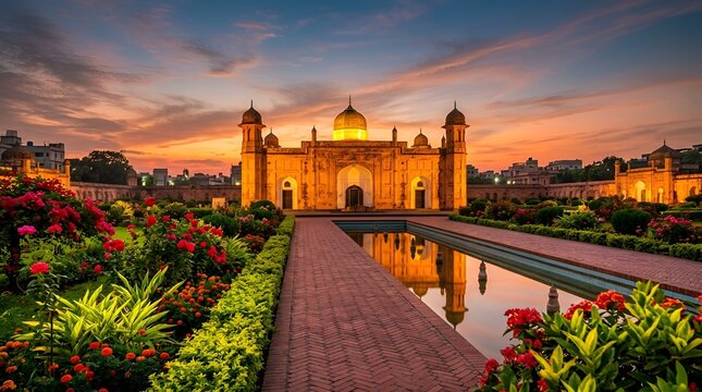 Lalbagh fort, a 17thcentury mughal fort complex in dhaka, bangladesh, during a beautiful sunset with a reflecting pool