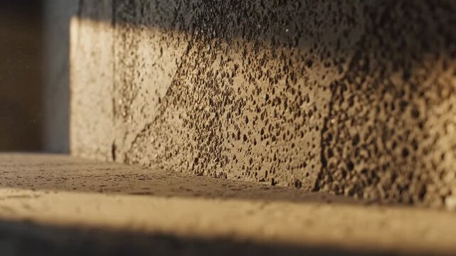 Golden light beam on textured wall and floor in dark corner