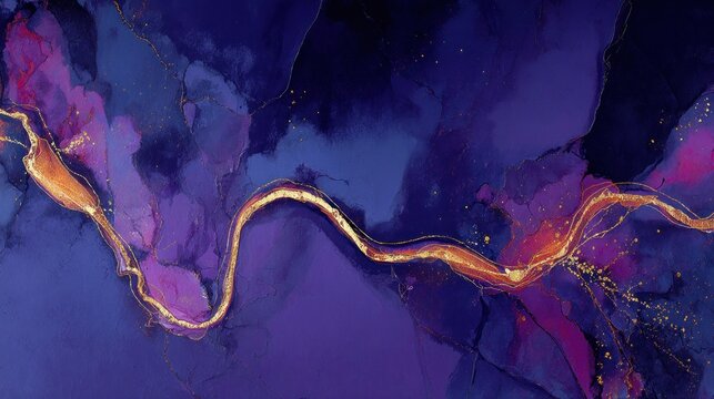 Winding golden stream flows through abstract deep indigo and violet liquid forms