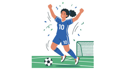 Exuberant female soccer player celebrating a goal, jumping happily with confetti on a vibrant soccer field with a goal. © Alizay sports