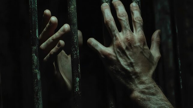 Extreme close-up of two hands of a man inside a prison holding the cage bars. Concept of imprisonment and captivity. Isolated on a black background with copy space. Blank wide banner.