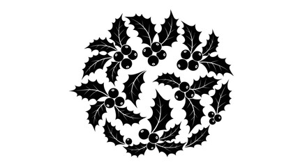 Fototapeta premium Christmas Holly Wreath Garland Circle Design, Black Silhouette Isolated