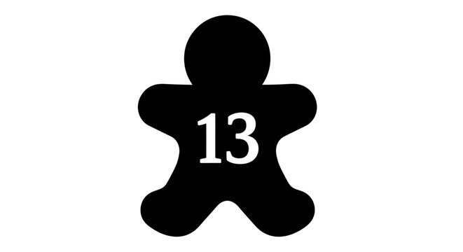 Black Silhouette of Gingerbread Man with Number 13 on White Background