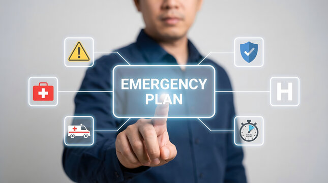 Man activating emergency plan with digital icons