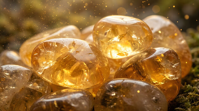 A pile of luminous golden citrine crystal gemstones radiating warm, mystical light, symbolizing natural beauty, positive energy, prosperity, and spiritual healing properties