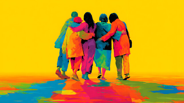 group of people hugging illustration in silhouettes and bold colors. The background is deep yellow. image illustrates togetherness