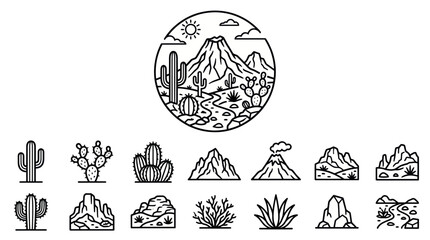 Naklejka premium Desert Landscape Vector Icons: Cacti, Mountains, Volcano, Sun, Clouds, Path
