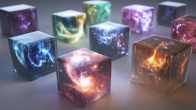 Floating cubes filled with miniature galaxies.