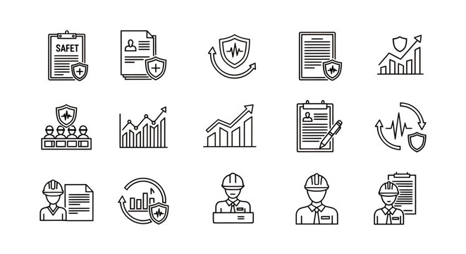 Collection of monochrome business and communication icons in a grid layout.