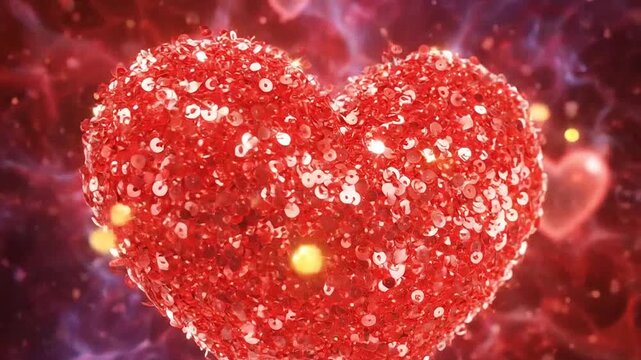 A shiny red sequined heart floats in a dreamy background of glowing lights