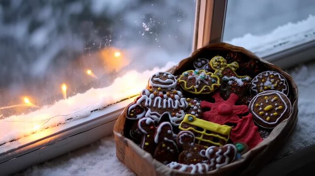 Gingerbread cookies on windowsill