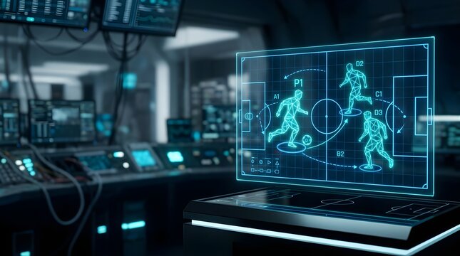 Digital soccer strategy projection displayed on a futuristic interface