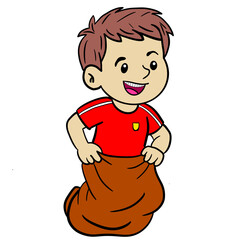 Cute Little Boy Playing Sack Race, Happy Child Jumping in Potato Sack Cartoon Vector Illustration