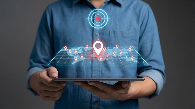 Man holding tablet with digital map and location pins on screen