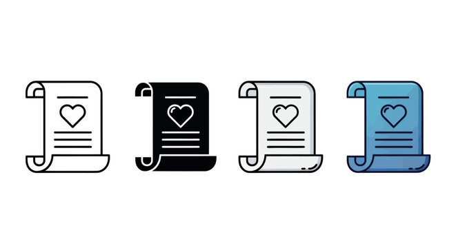 Set of four heart-themed illustrated scrolls and notes in different colors.