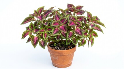 Naklejka premium Vibrant Coleus scutellarioides plant with colorful pink and green leaves growing in a traditional terracotta clay pot isolated on white background