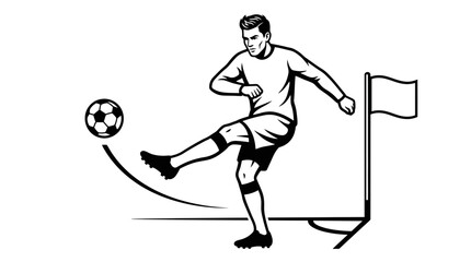 Male soccer player taking a strategic corner kick during a match, captured in a black and white illustration on an isolated white background. © Alizay sports