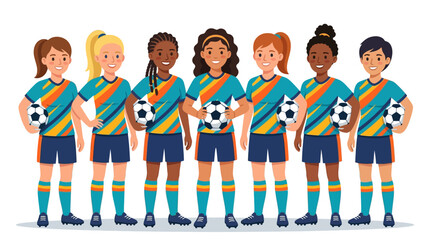 Obraz premium Diverse Female Soccer Team Standing with Balls in Unity, Isolated White Background