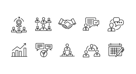 Fototapeta premium Icon set depicting collaboration, teamwork, and business communication.