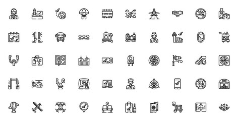 Aviation icon set. Minimal vector line icons pack. Includes airplane, pilot, helicopter, runway, passport, boarding pass, suitcase, stewardess, control tower, radar, parachute, safety belt, no smoking © wang