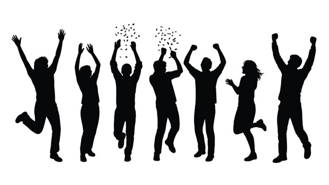 Cheering crowd celebrating people hands up black silhouettes
