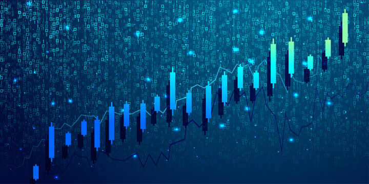 Stock market candlestick chart and line graph on digital binary code background.