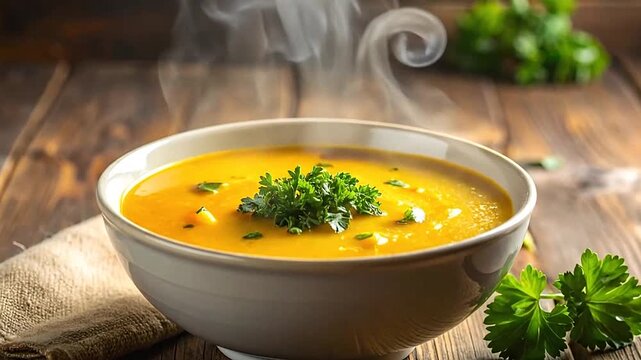 Hot steaming pumpkin soup garnished with fresh parsley on a wooden table