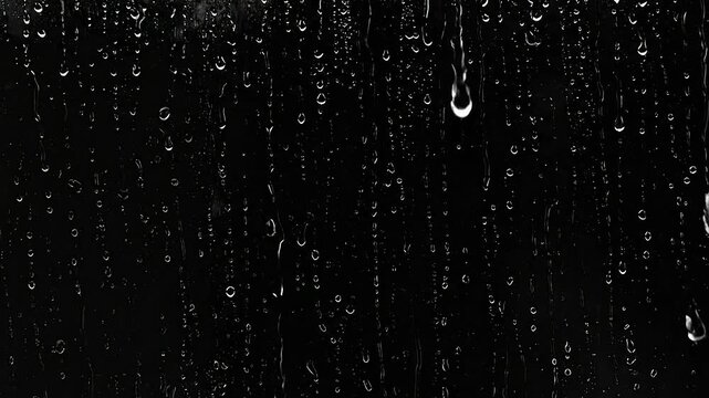 Water droplets slide down a dark glass window pane during a rainstorm